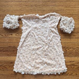 Boohoo Cream Off-Shoulder Dress with 3D White Floral Appliqués